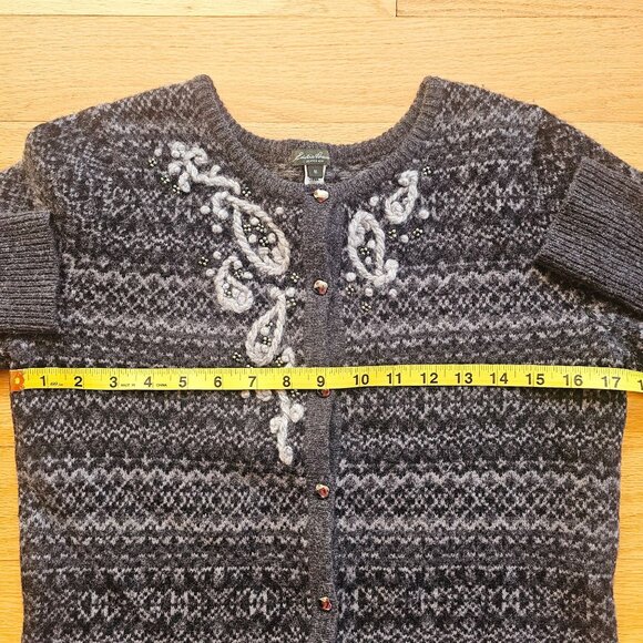 Eddie Bauer Womens Grey Fair Isle Lambs Wool Cashmere Cardigan Sweater Beaded M - Picture 9 of 12